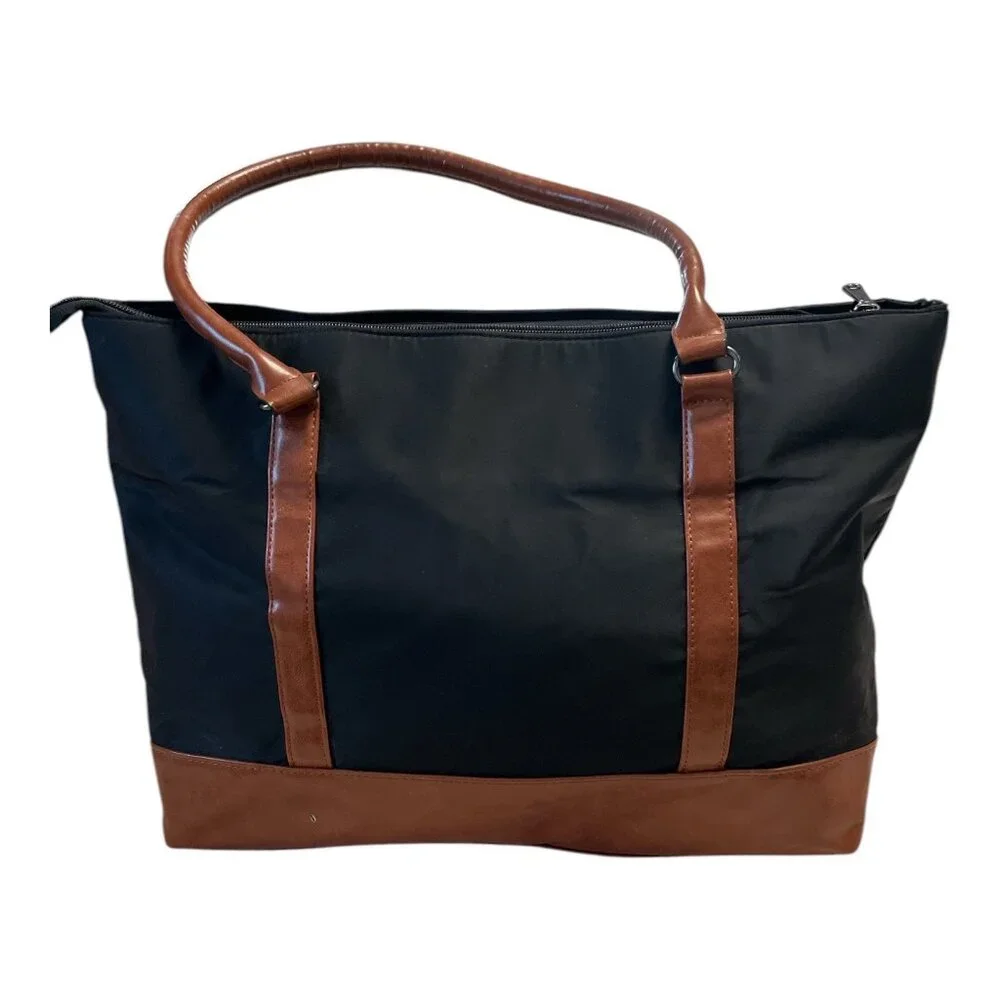 Relavel Black Nylon Tote Bag with Brown Faux Leather Trim – USB Port – Large Wor